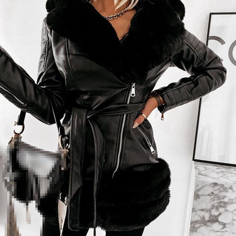 Women's Fashion Leather Coat with Fur Collar