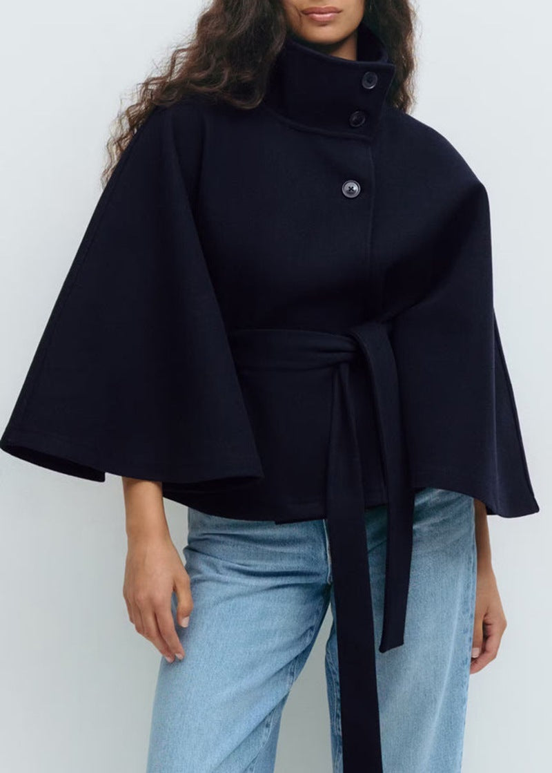 Women's Winter High Neck Batwing Sleeve Belted Trench Coat
