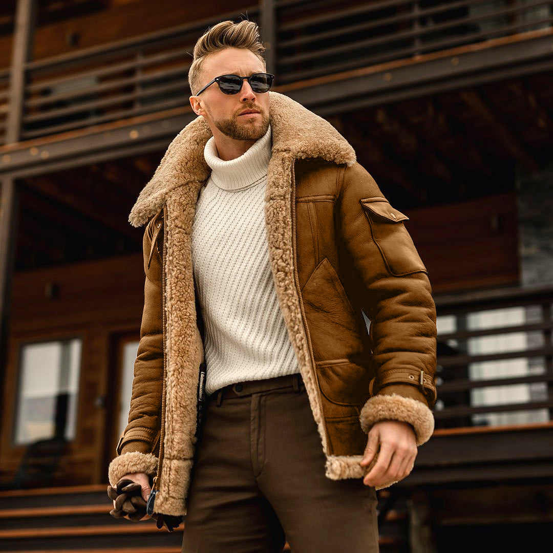 Fur collar men's leather jacket
