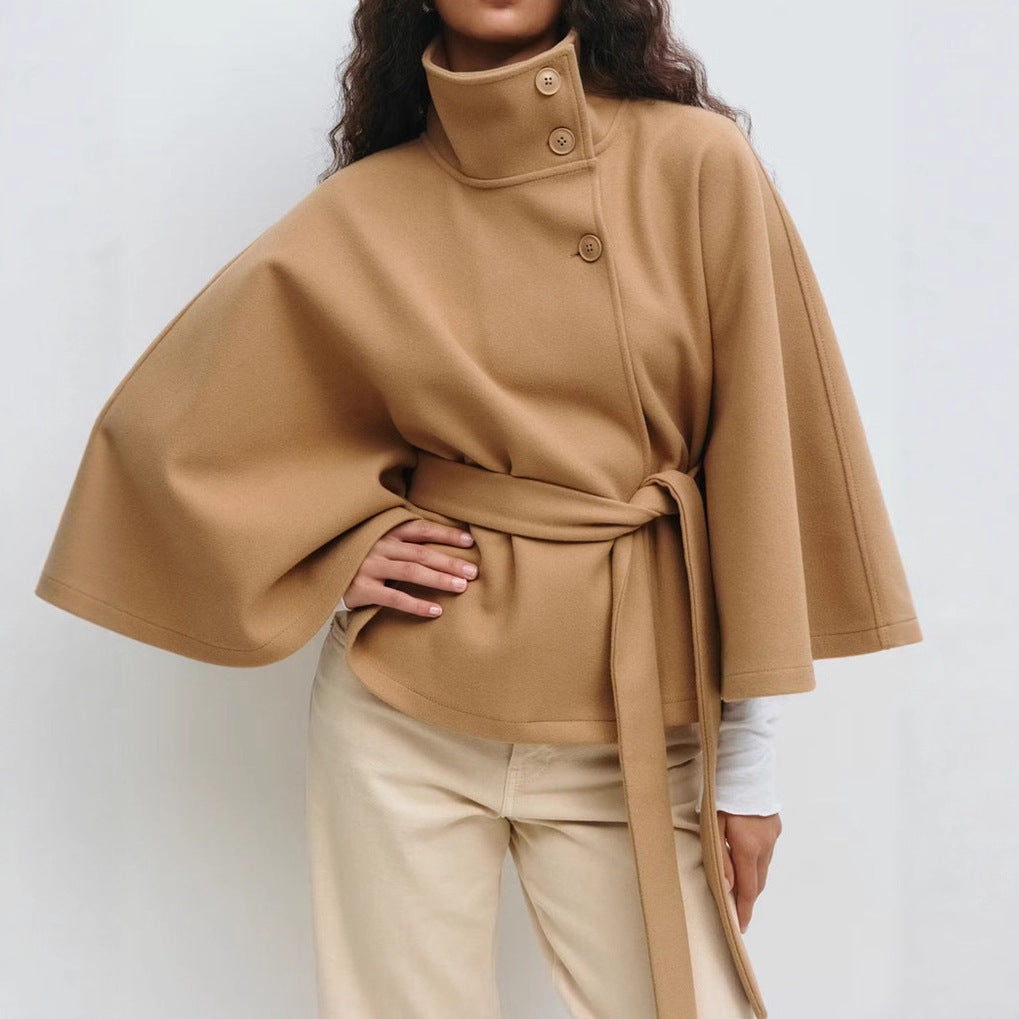 Women's Winter High Neck Batwing Sleeve Belted Trench Coat