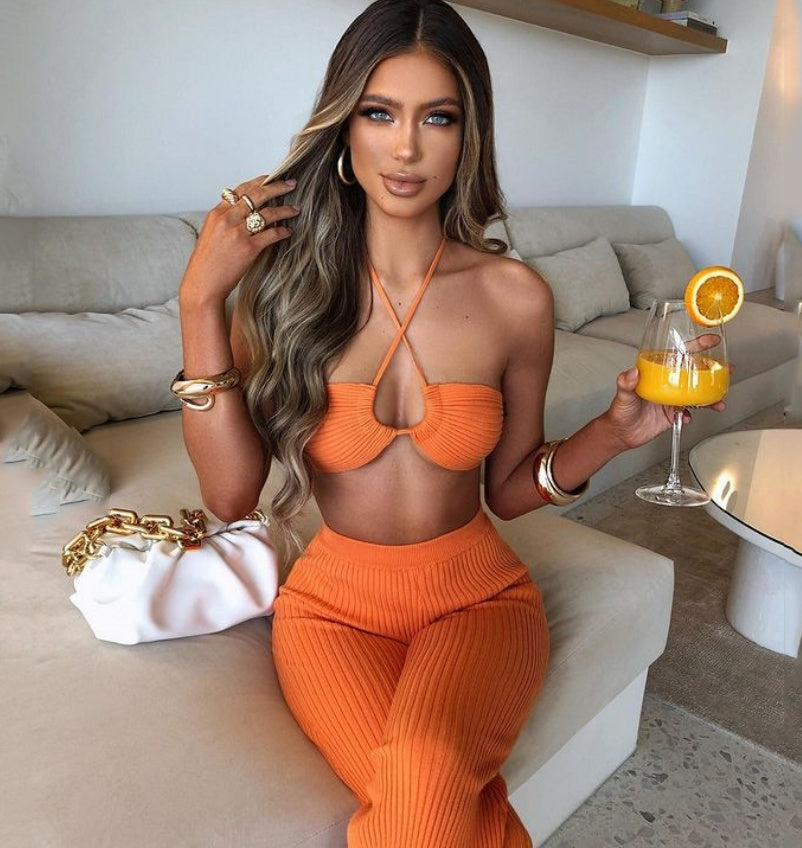 Casual Suit Sexy Tube Top Drawstring Halter Top High Waist