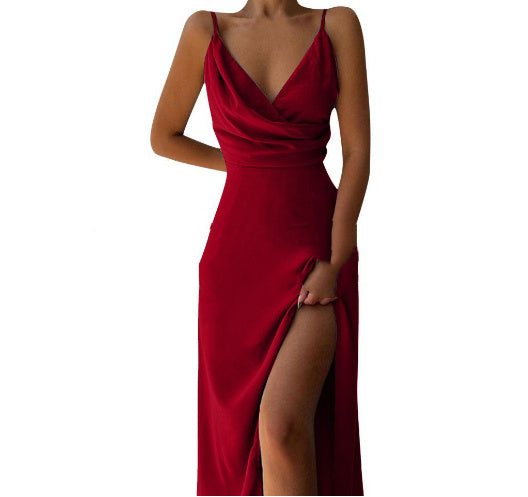 V-neck Slit Slim Suspender Dress For Women Clothing