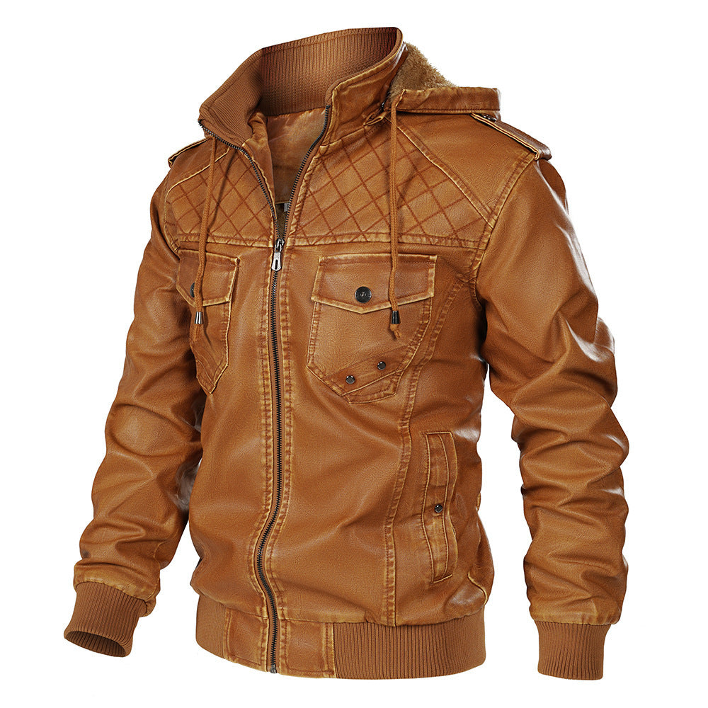 Hooded Leather Jacket Fleece-lined Men's Autumn And Winter New