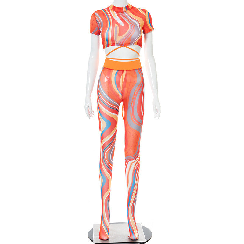 Printed Lace Up Body Stocking Casual Suit Tie-dye Waist Tether Short Sleeve Mesh Pantyhose