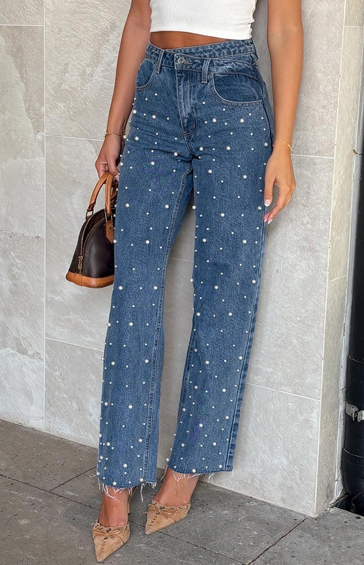 Cross Beaded Straight-leg Frayed Hem Jeans