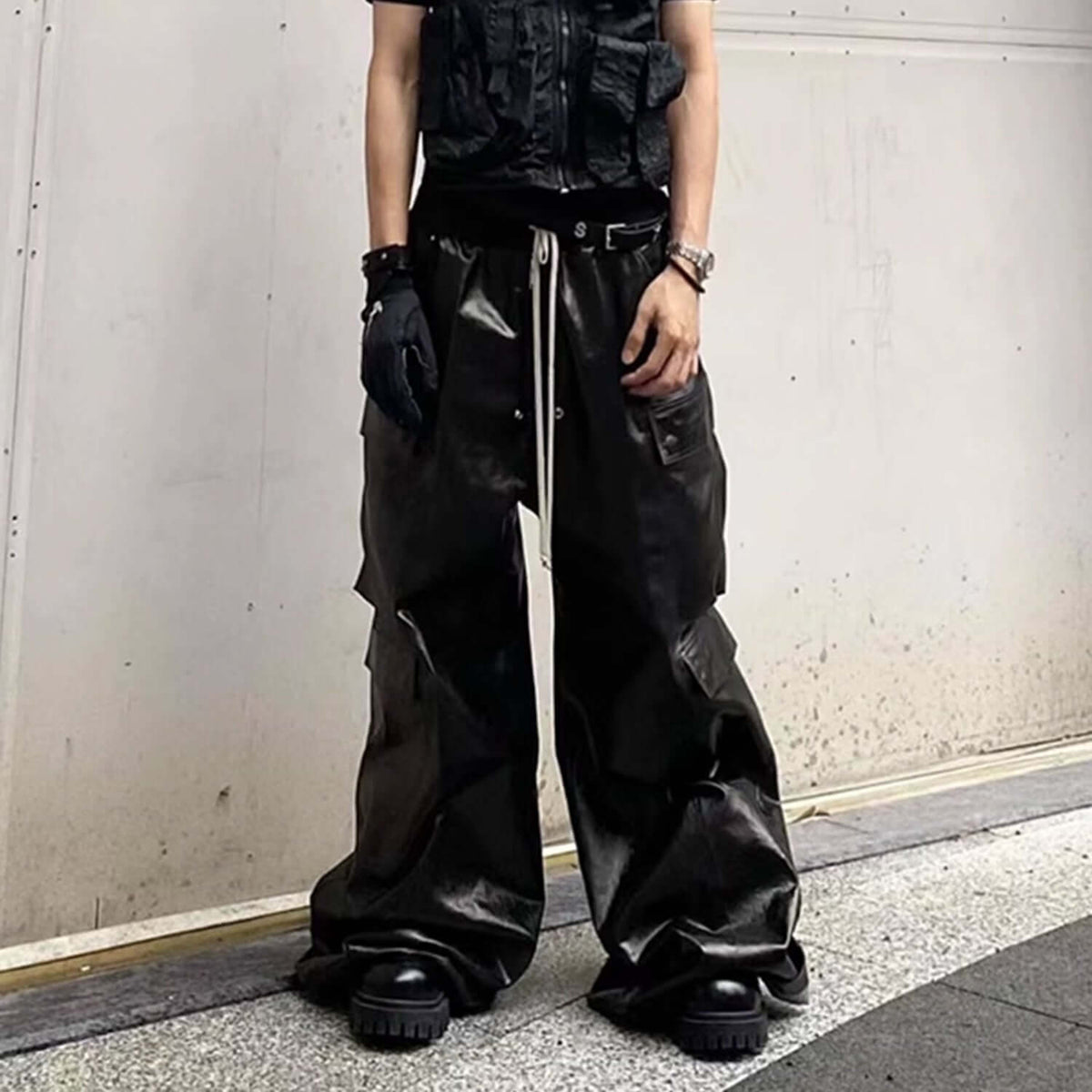 Bright Coated Wide Legged  luxury Black Casual Pants