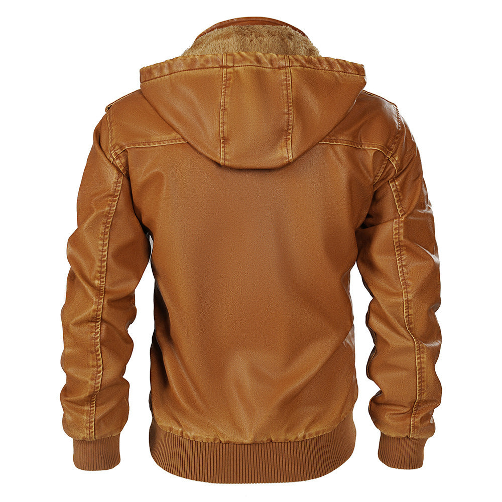 Hooded Leather Jacket Fleece-lined Men's Autumn And Winter New