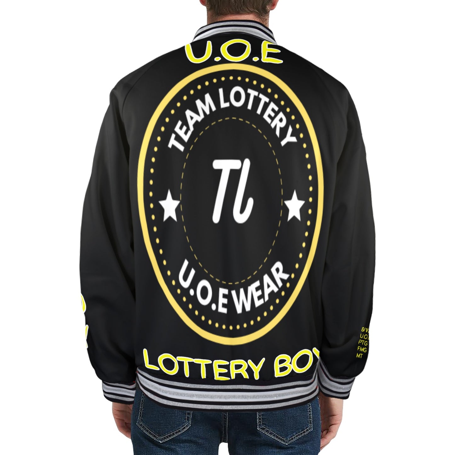 New TEAM LOTTERY U.O.E WEAR Men's Striped Trim Bomber Jacket