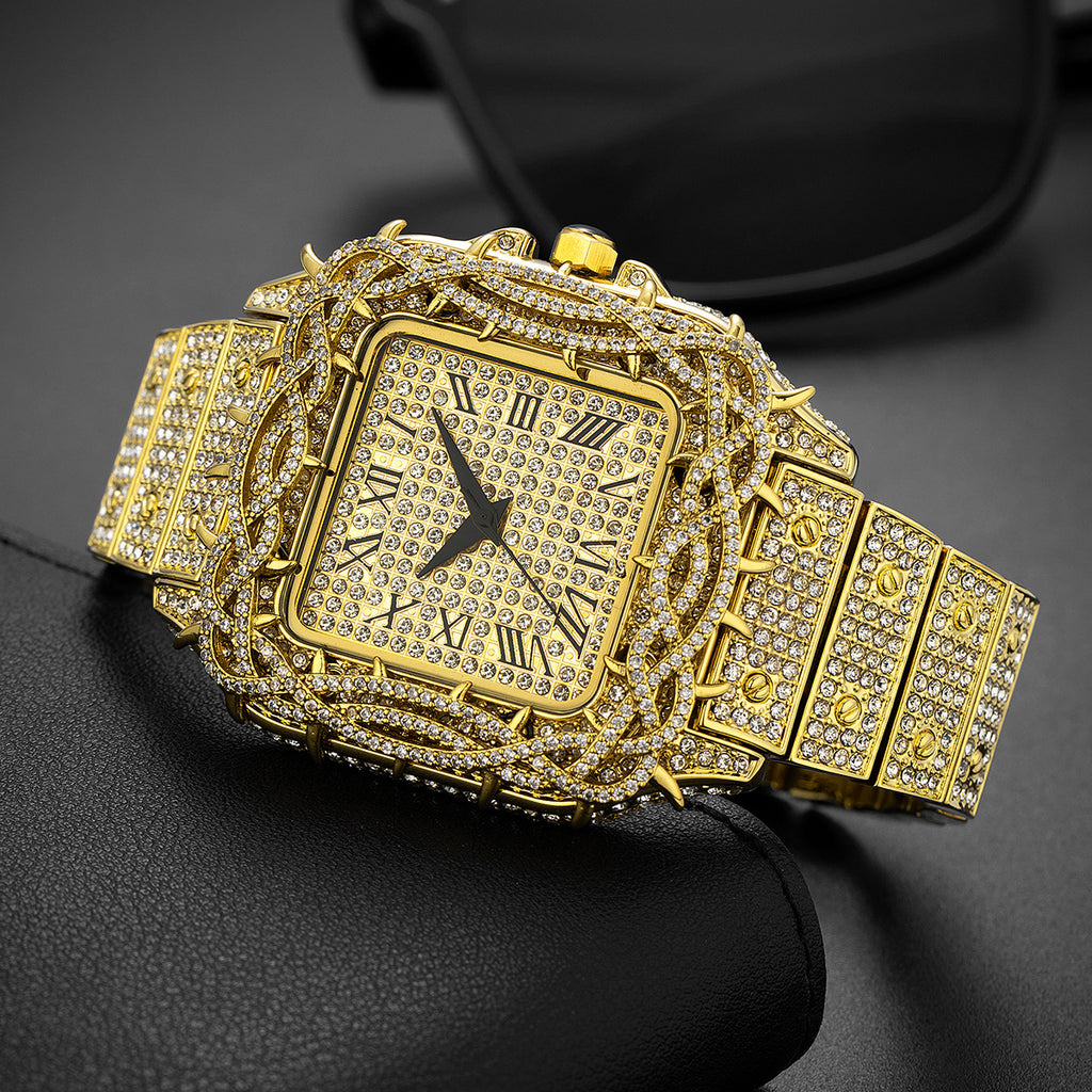 Men's Ice Thorn Dial Zircon Full Diamond Square Quartz Watch