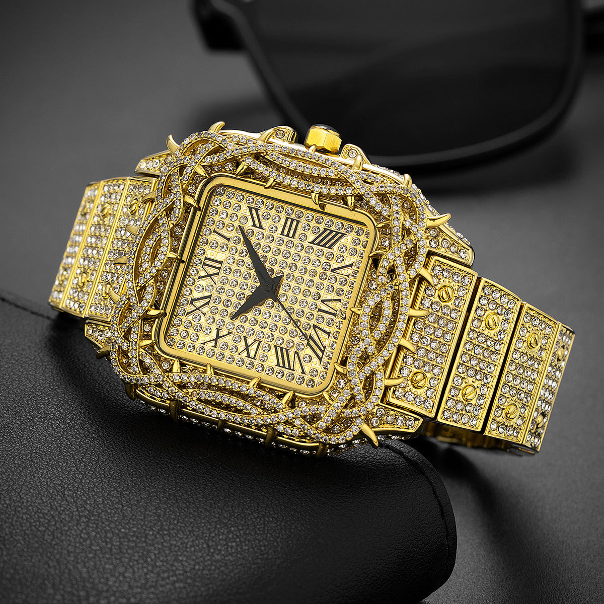 Men's Ice Thorn Dial Zircon Full Diamond Square Quartz Watch