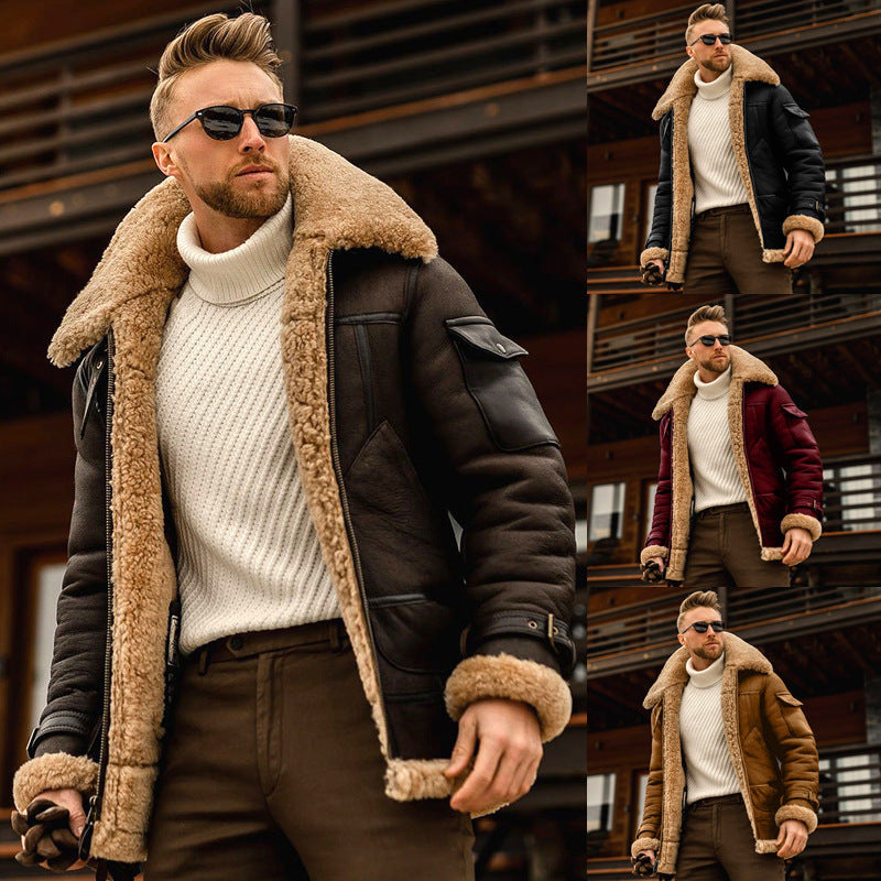 Fur collar men's leather jacket