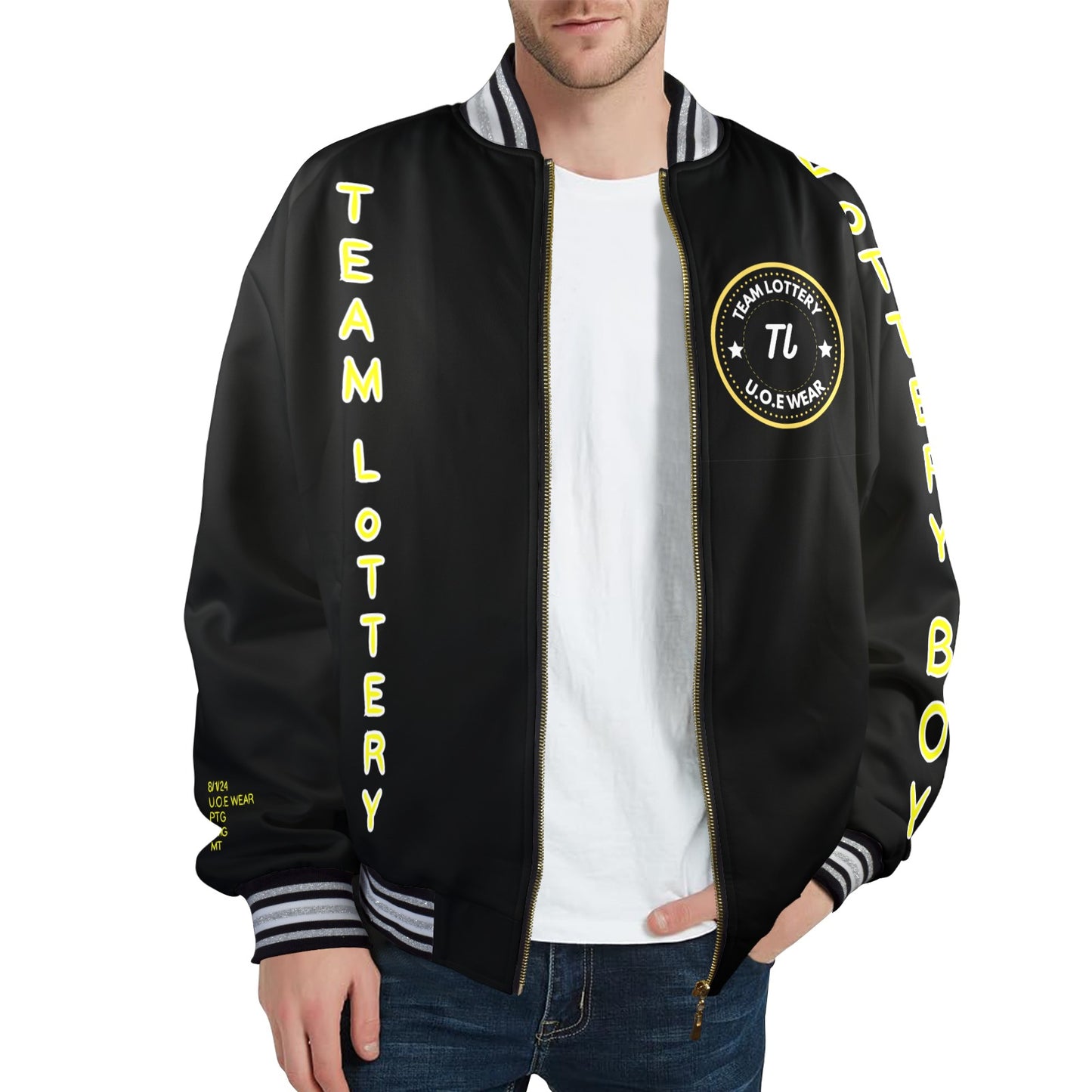 New TEAM LOTTERY U.O.E WEAR Men's Striped Trim Bomber Jacket