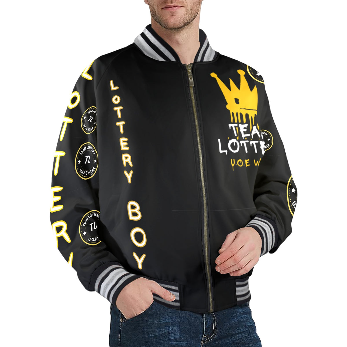 TEAM LOTTERY U.O.E WEAR Men's Striped Trim Bomber Jacket – New Edition
