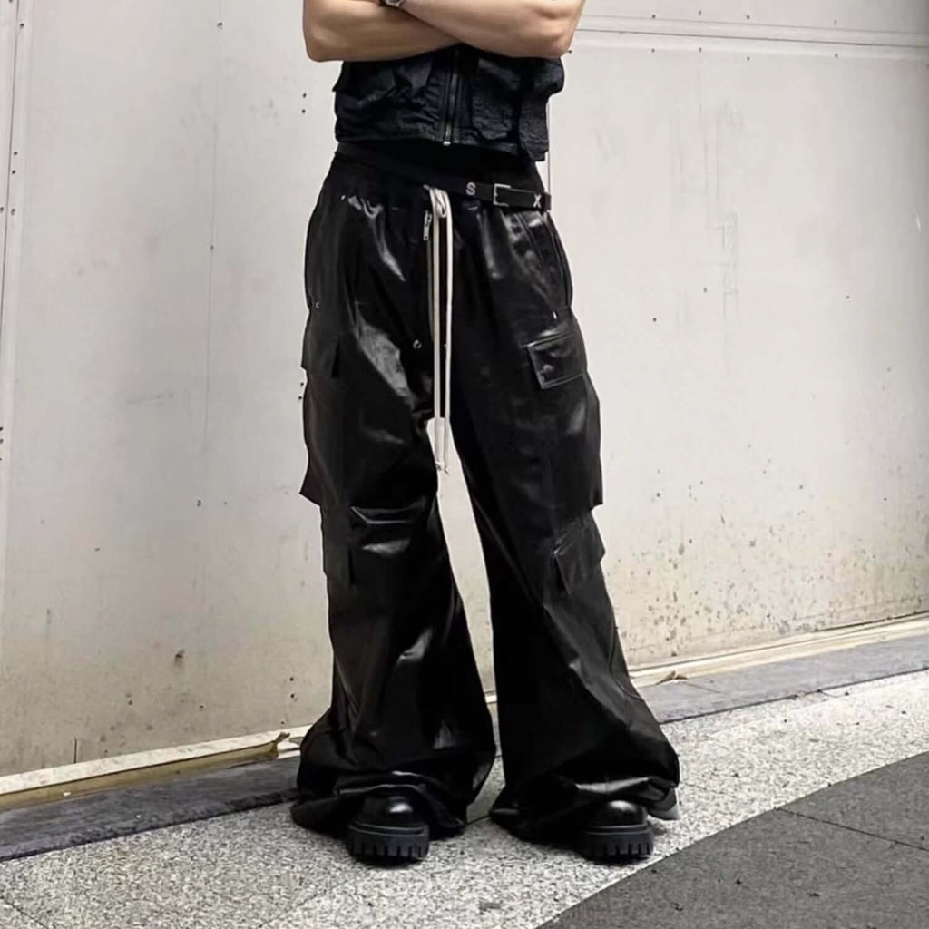 Bright Coated Wide Legged  luxury Black Casual Pants