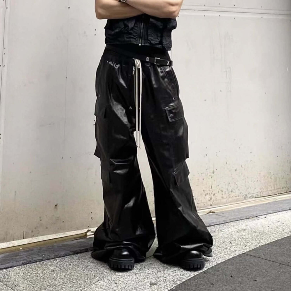 Bright Coated Wide Legged  luxury Black Casual Pants