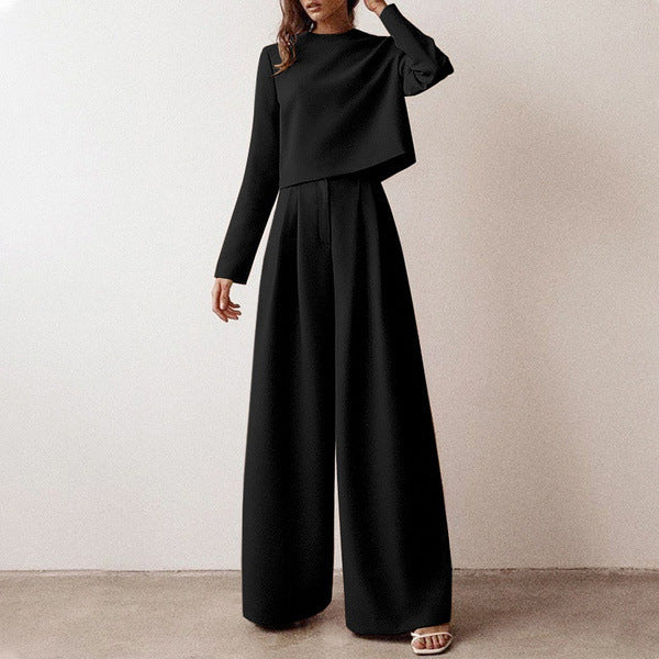 Brown Fashionable Long Sleeve Pure Color Cotton Two-piece Set