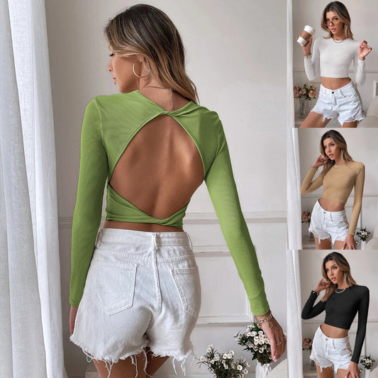 Backless Casual Short Slim Knit Long Sleeve T-shirt Top As A Base To Wear