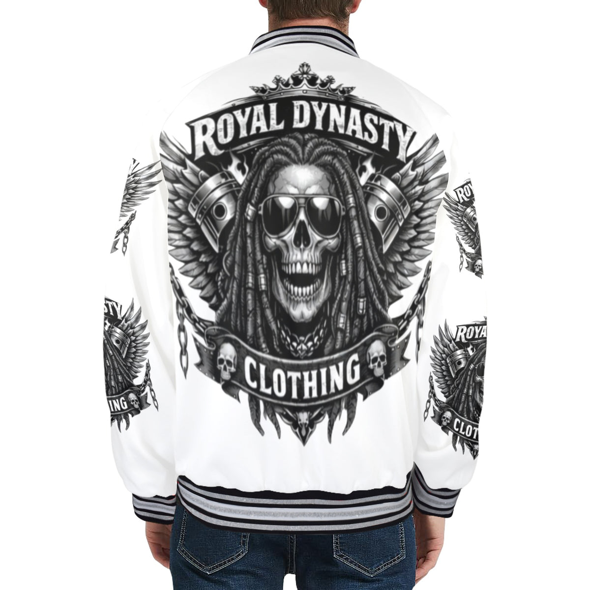Royal Dynasty Skull Jacket Men's Striped Trim Bomber