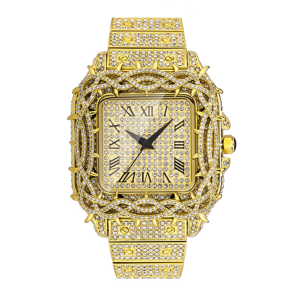Men's Ice Thorn Dial Zircon Full Diamond Square Quartz Watch