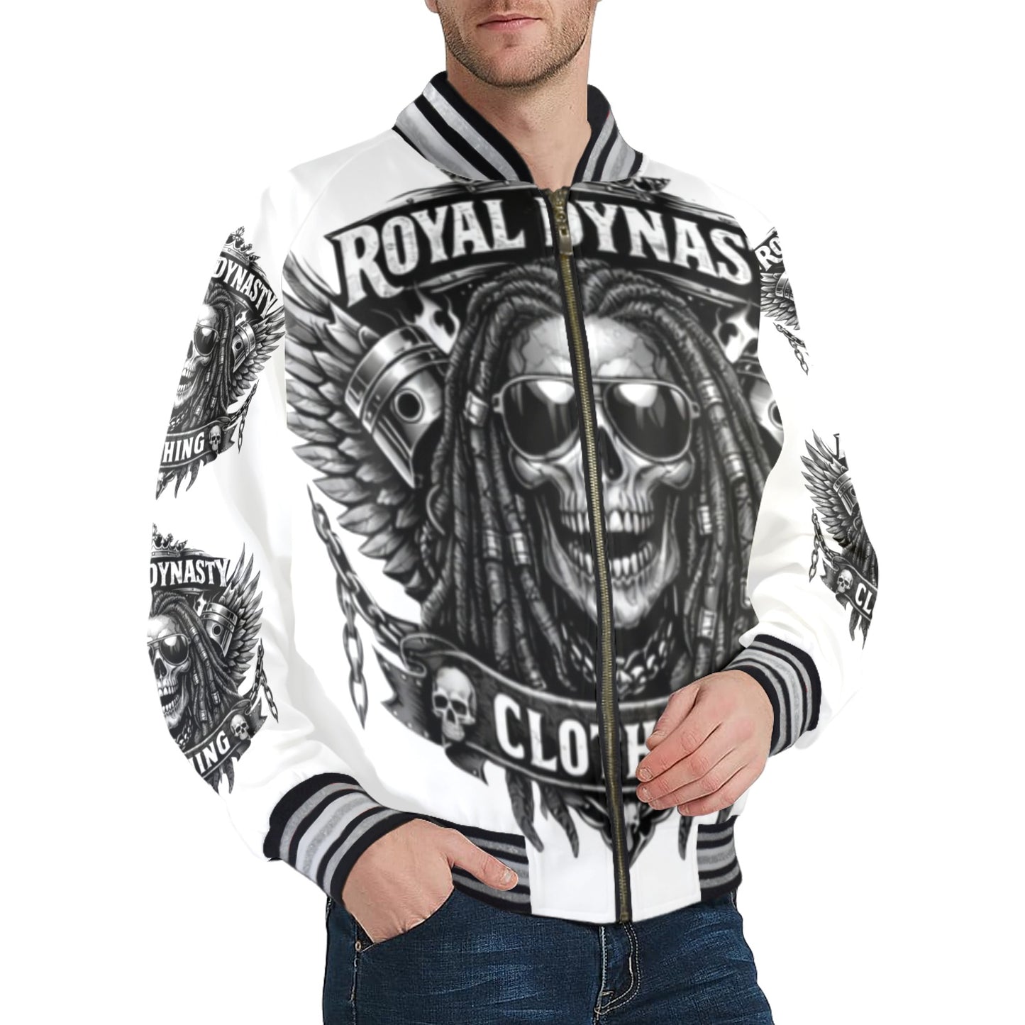 Royal Dynasty Skull Jacket Men's Striped Trim Bomber