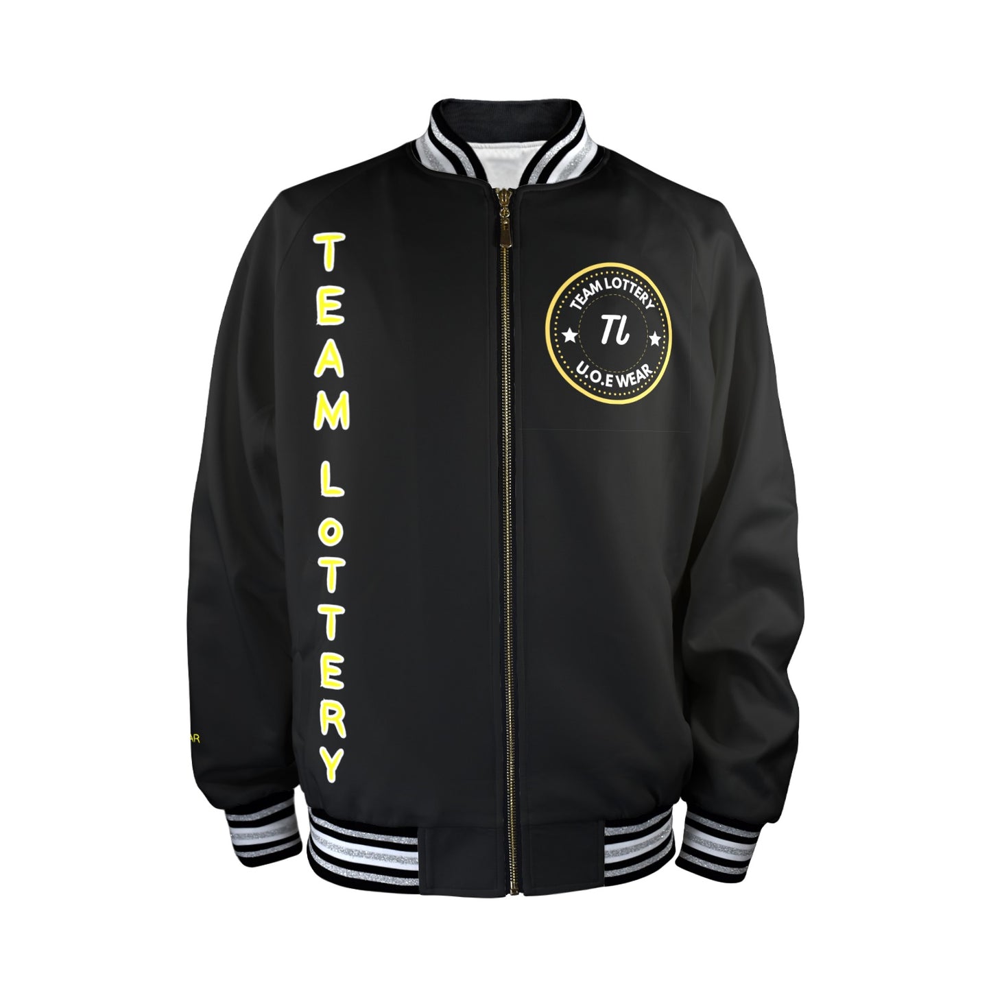 New TEAM LOTTERY U.O.E WEAR Men's Striped Trim Bomber Jacket