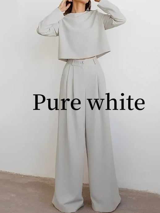 Brown Fashionable Long Sleeve Pure Color Cotton Two-piece Set