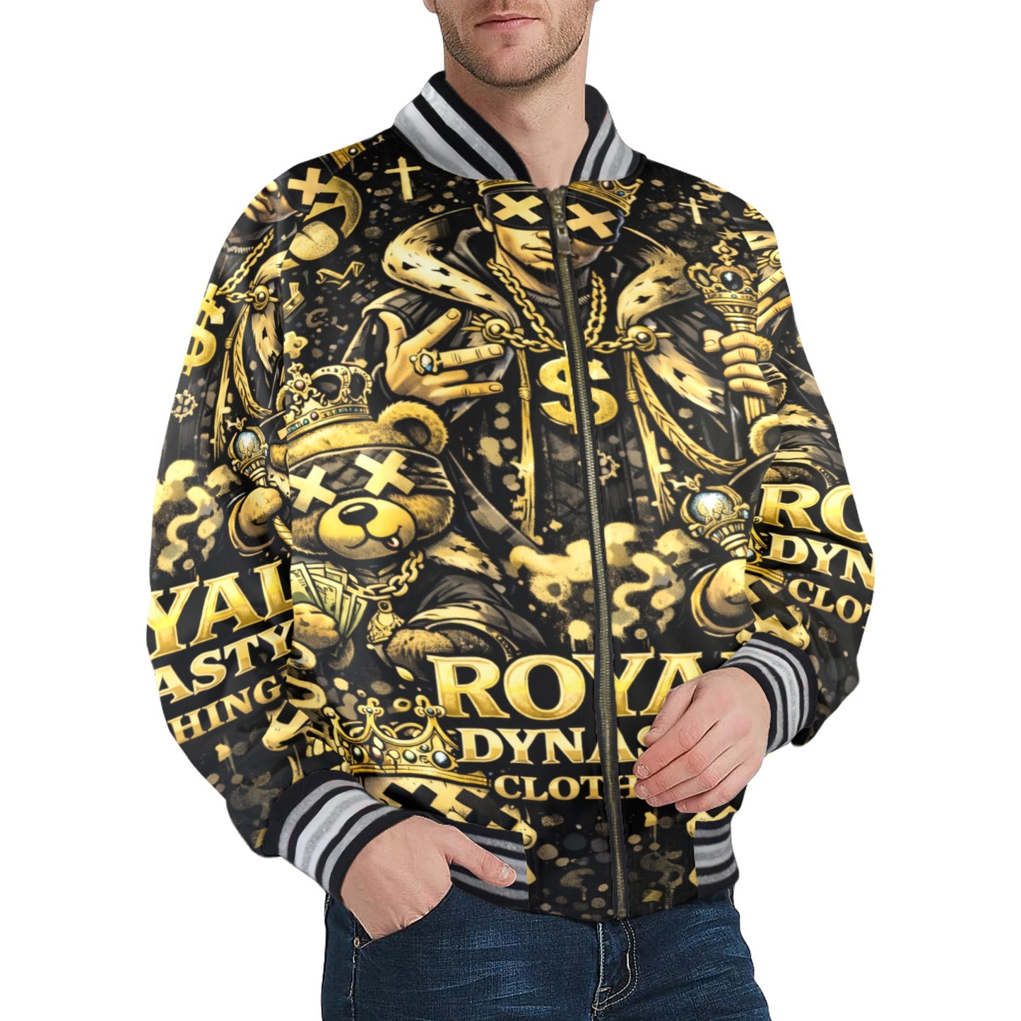 RDC BKACK AND GOLD KING TYPE SHHH New Men's Striped Trim Bomber Jacket