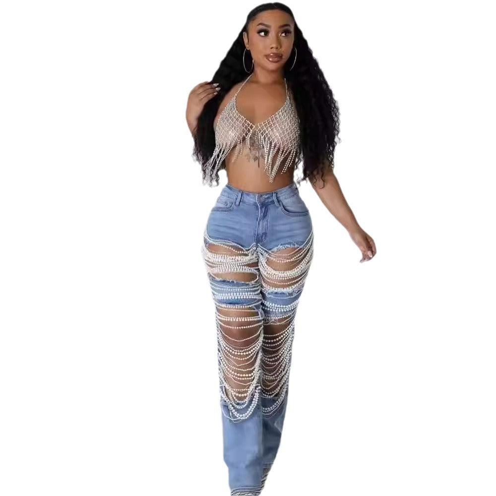 Chain Bead  Straight-leg Pants